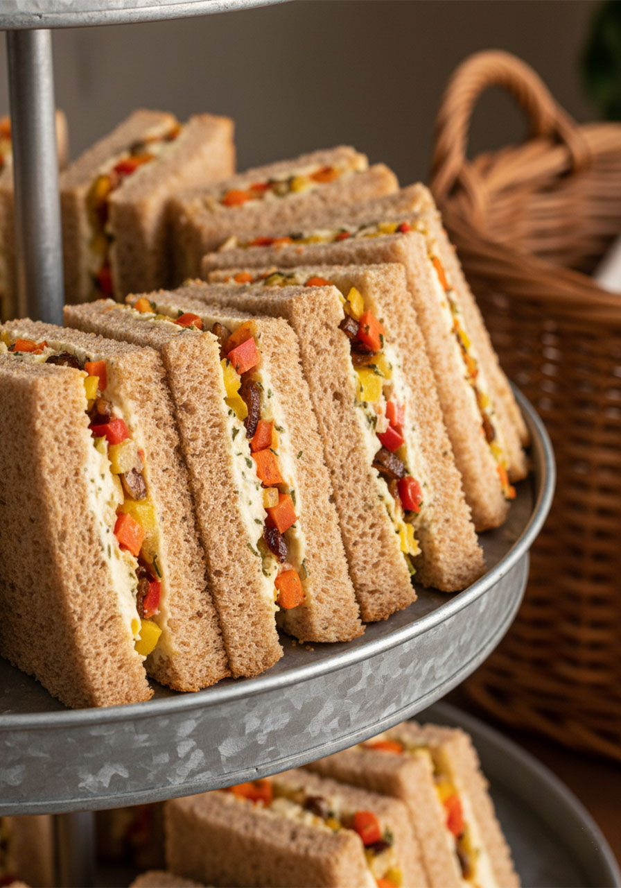 Roasted vegetable and cream cheese triple-stack tea sandwiches on rustic galvanized serving stand