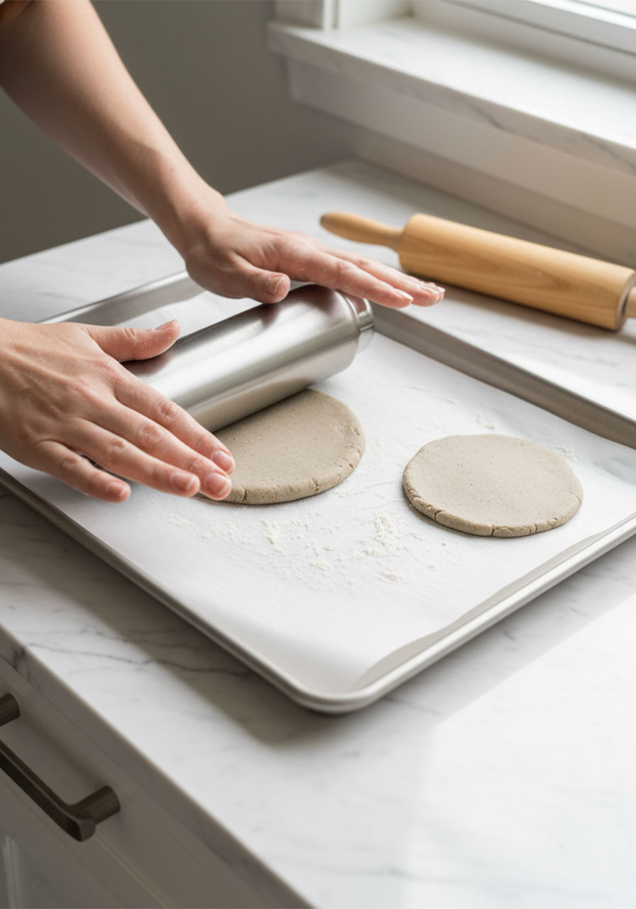 Rolling out beach sand clay dough to half-inch thickness on parchment-lined baking sheet for handprint keepsake