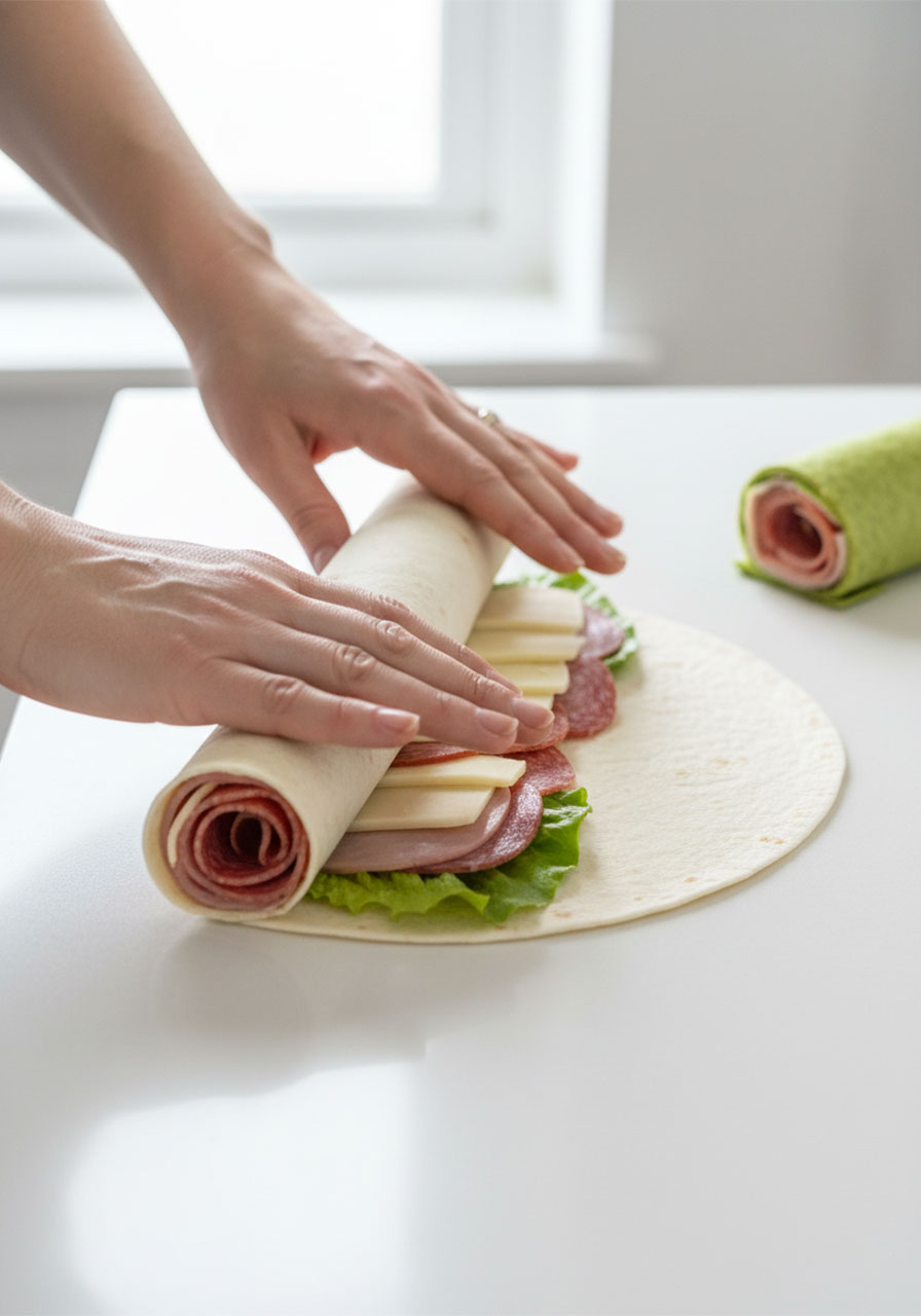 Hands tightly rolling a flour tortilla filled with ham, Havarti, salami, and butter lettuce into a log shape to make make-ahead pinwheel sandwiches