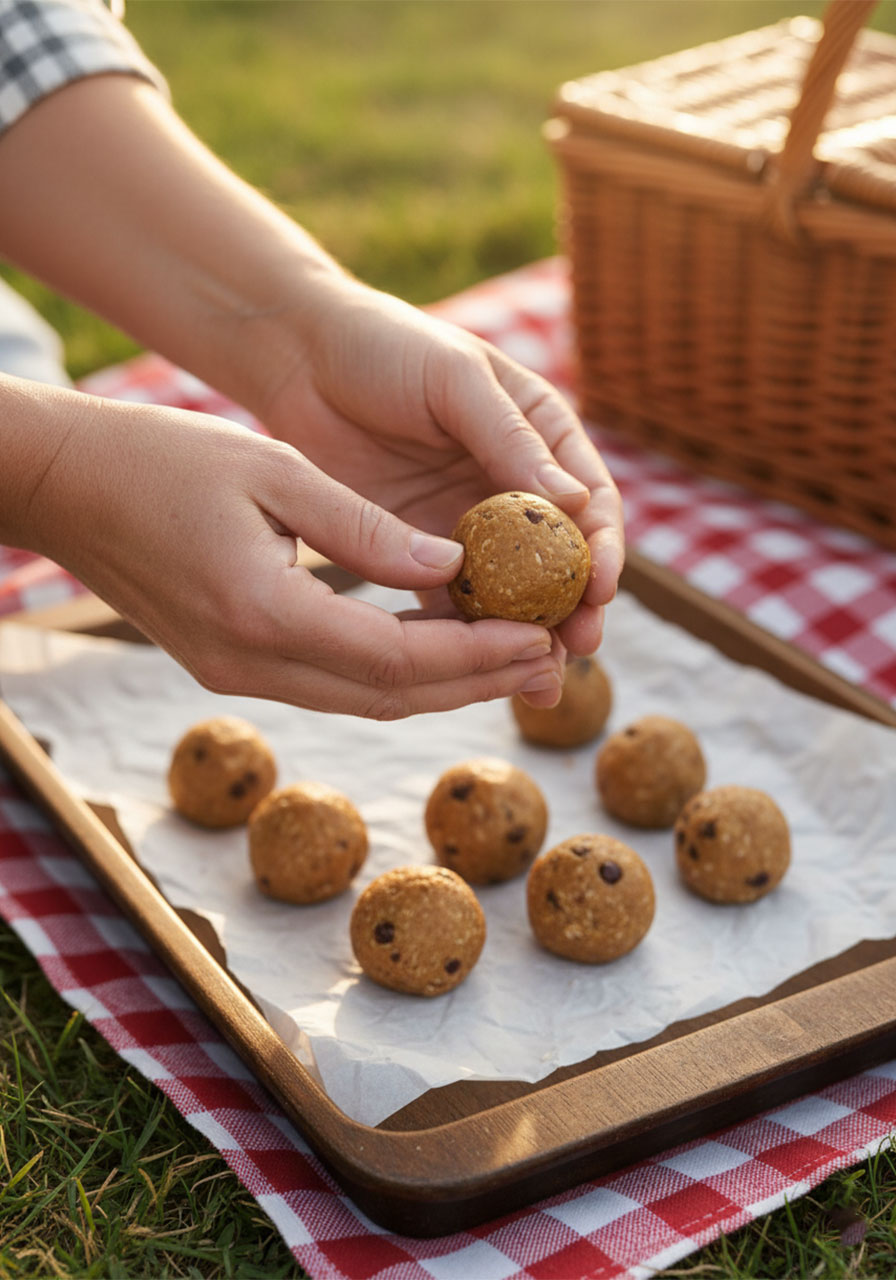 Rolling a no-bake protein ball between both palms to form a smooth round shape