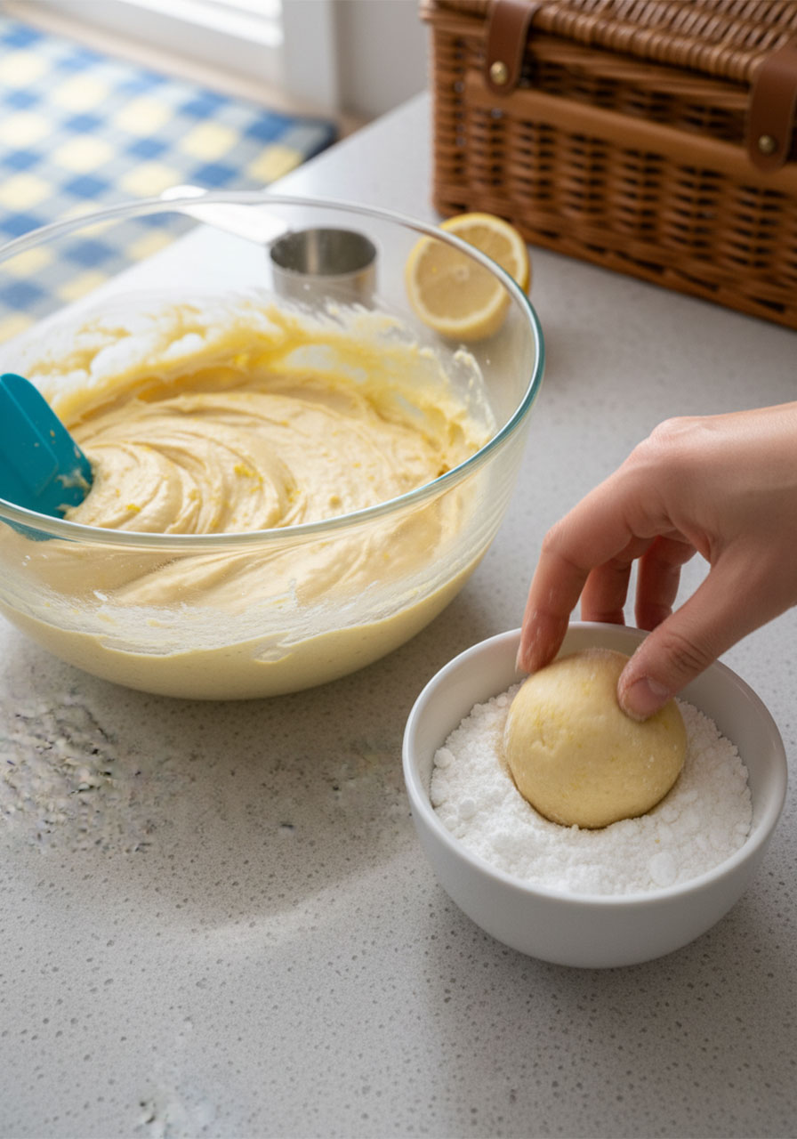 Rolling a low carb lemon cookie dough ball in powdered erythritol sweetener in a small white bowl before baking