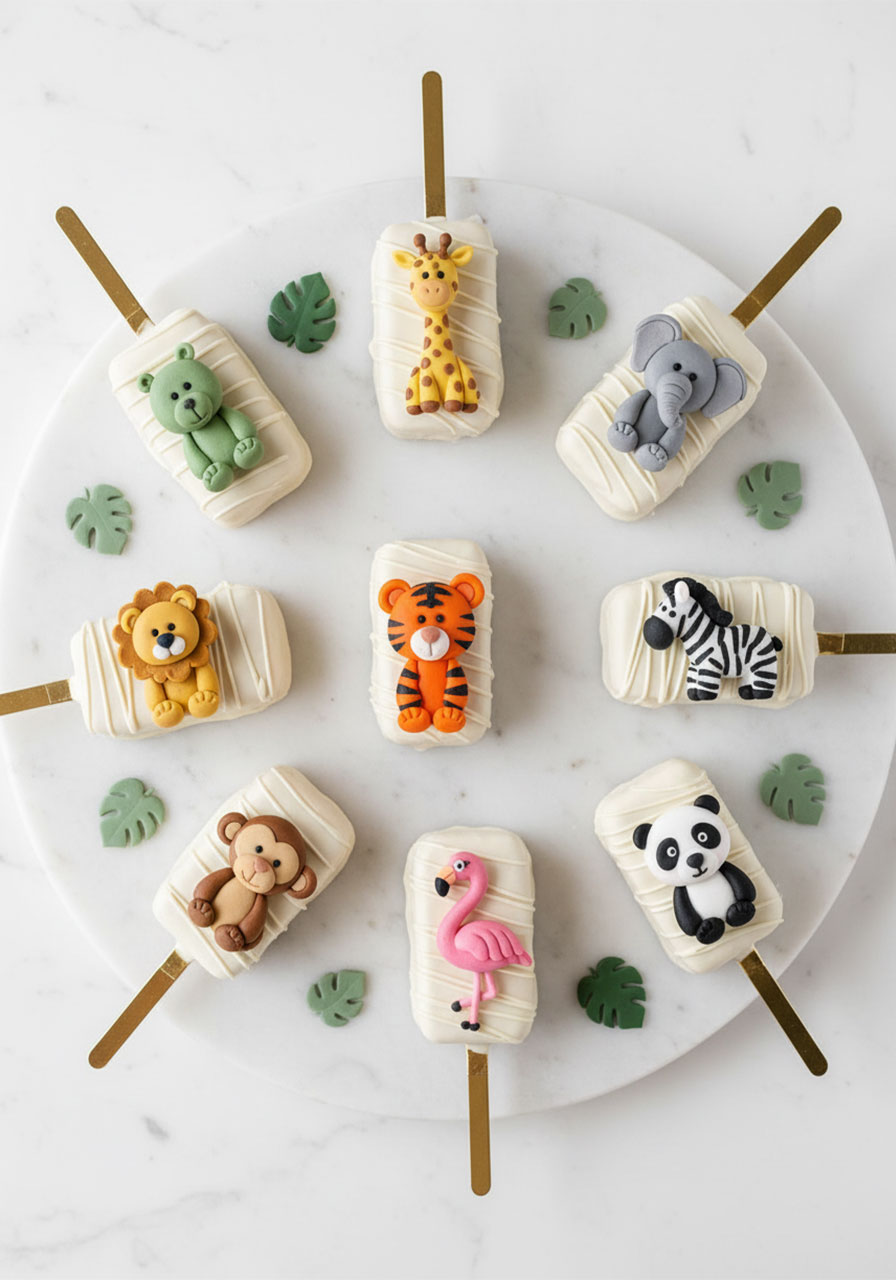 Safari animal rice krispie treat pops on gold sticks with fondant lion elephant giraffe and zebra decorations, cute zoo party food for kids birthday	