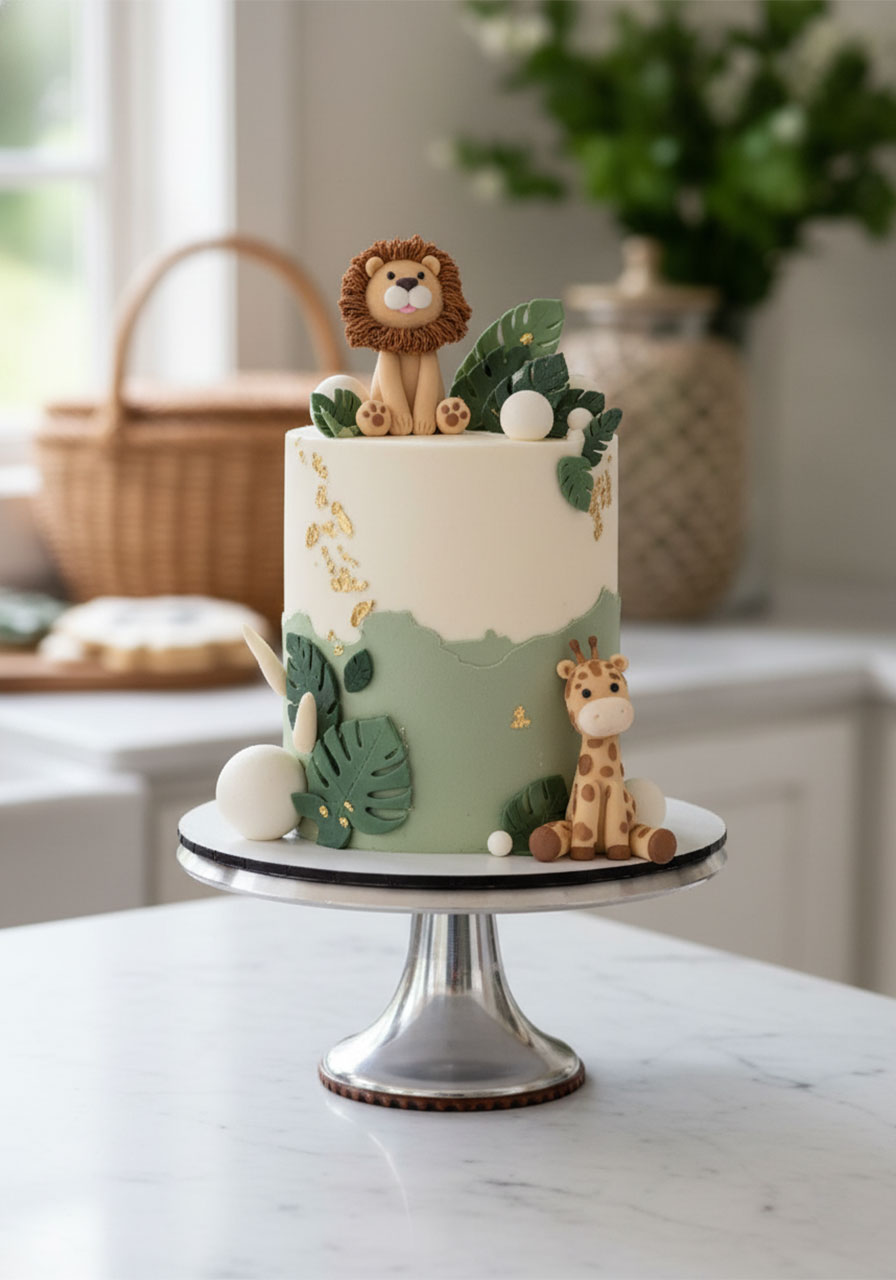 Elegant safari zoo birthday cake with fondant lion topper giraffe and jungle leaves in sage green and ivory, stunning party food centerpiece	