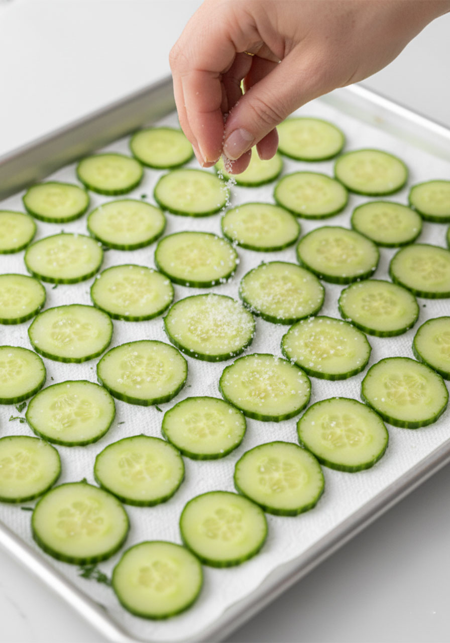 Thinly sliced English cucumber rounds laid on paper towels being sprinkled with coarse salt to draw out moisture and prevent soggy cucumber tea sandwiches