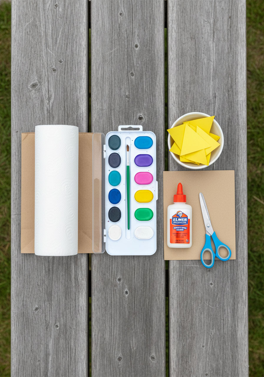 All materials needed for sandcastle texture art project including paper bags, watercolors, glue, and scissors laid flat on a table