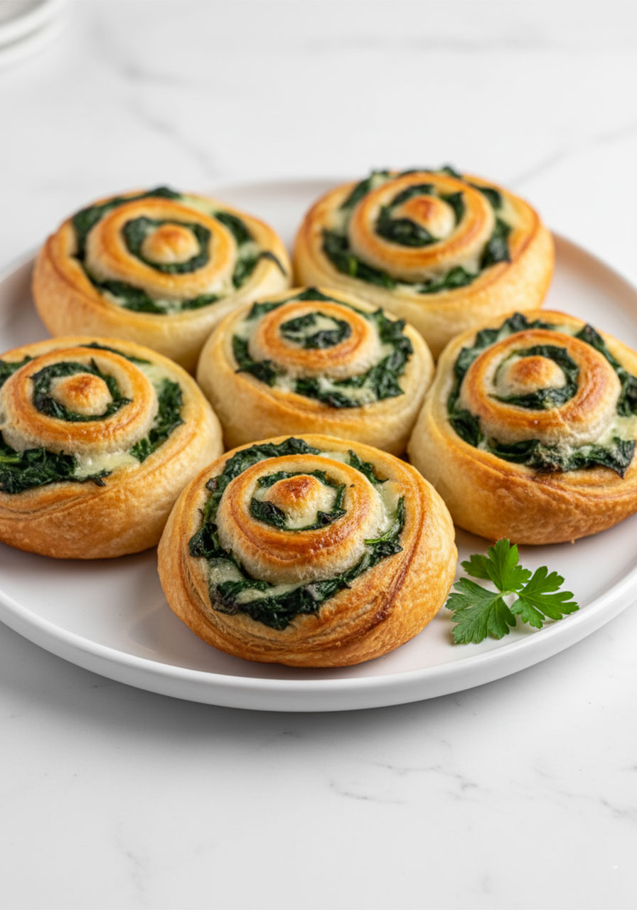 Golden savory puff pastry swirl bites with spinach and cheese filling — easy tea party finger food that looks impressive