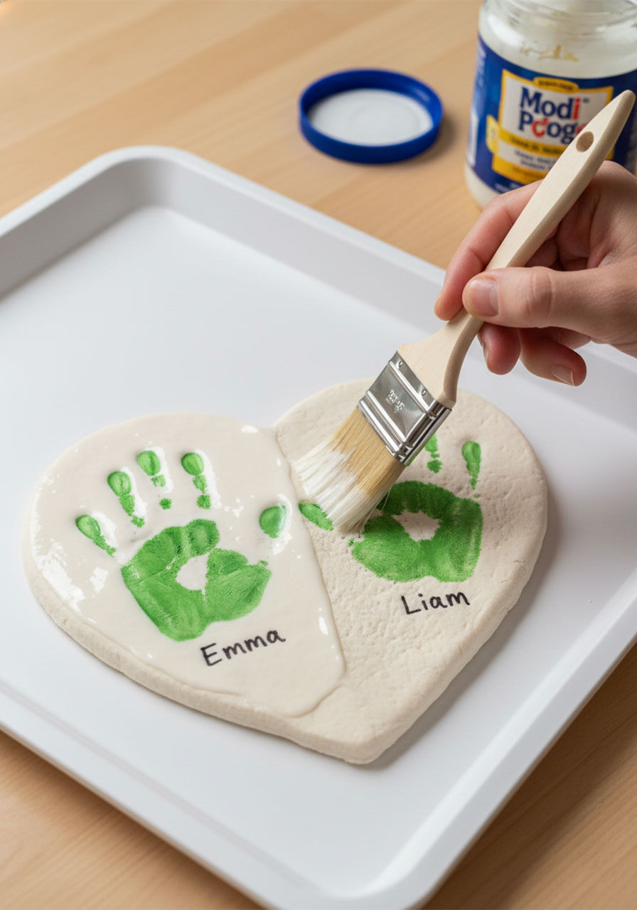 Applying Mod Podge sealant over a painted Father's Day salt dough handprint heart keepsake to protect and add glossy finish