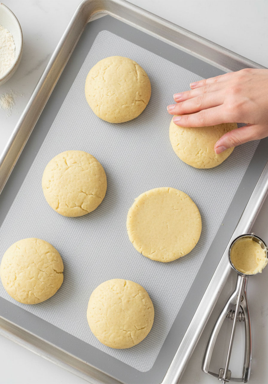 Shaping sugar free lemon cookie dough balls on silicone baking mat before baking