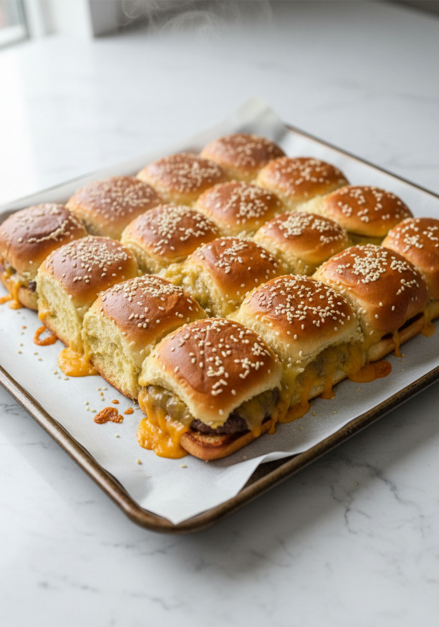 Finished sheet pan burger sliders on Hawaiian rolls with sesame seeds and melted cheese on a parchment-lined baking sheet