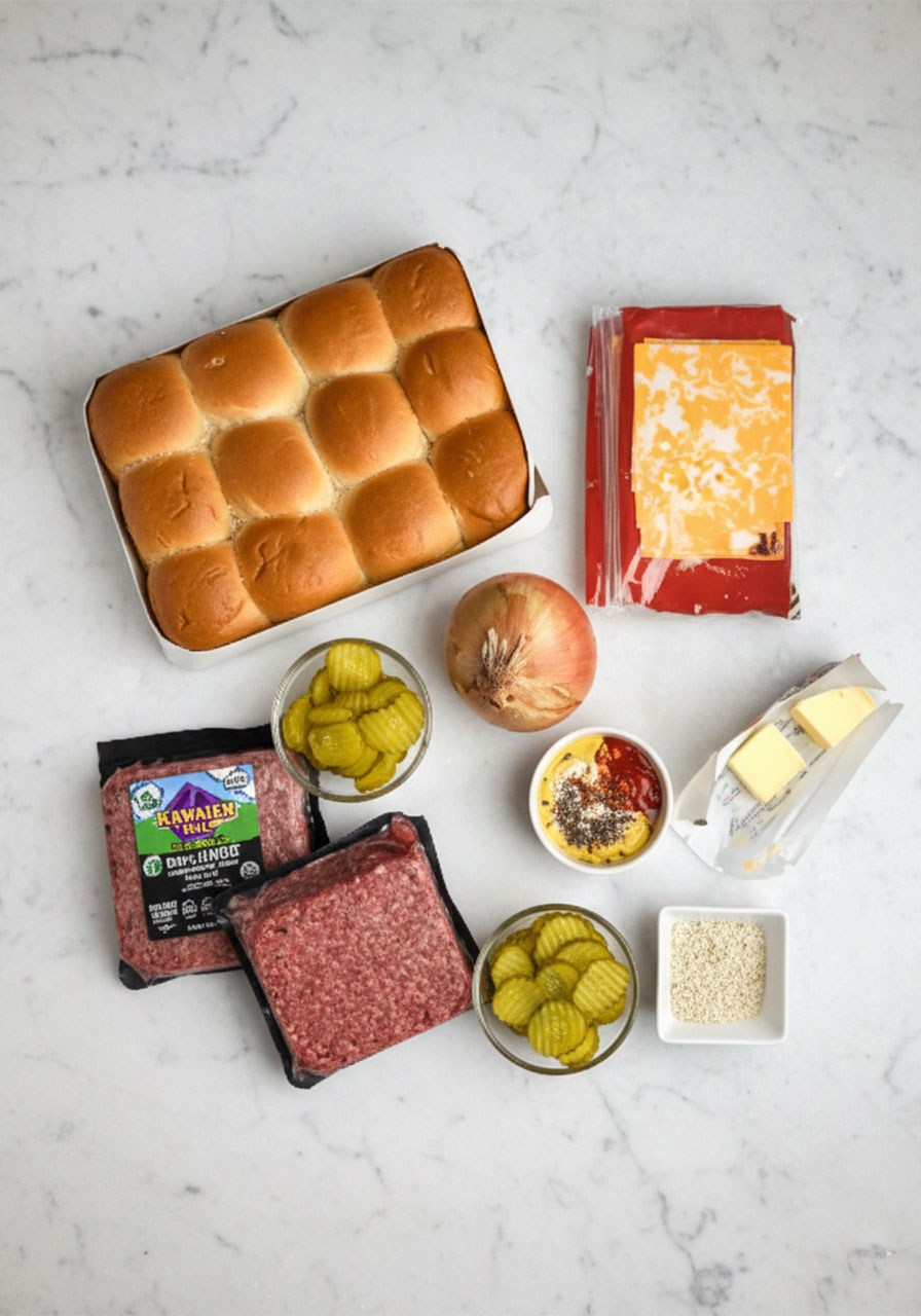 Ingredients for sheet pan burger sliders on Hawaiian rolls including ground beef, cheese, pickles, onion, butter, and burger sauce components laid out on marble