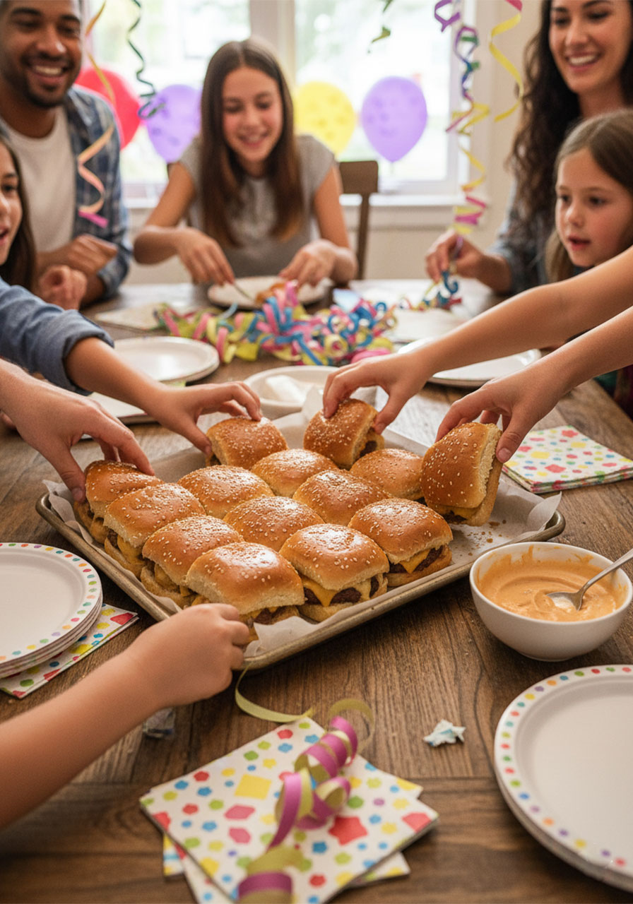 Sheet pan burger sliders on Hawaiian rolls served at a casual family gathering with guests reaching in to grab sliders from the tray
