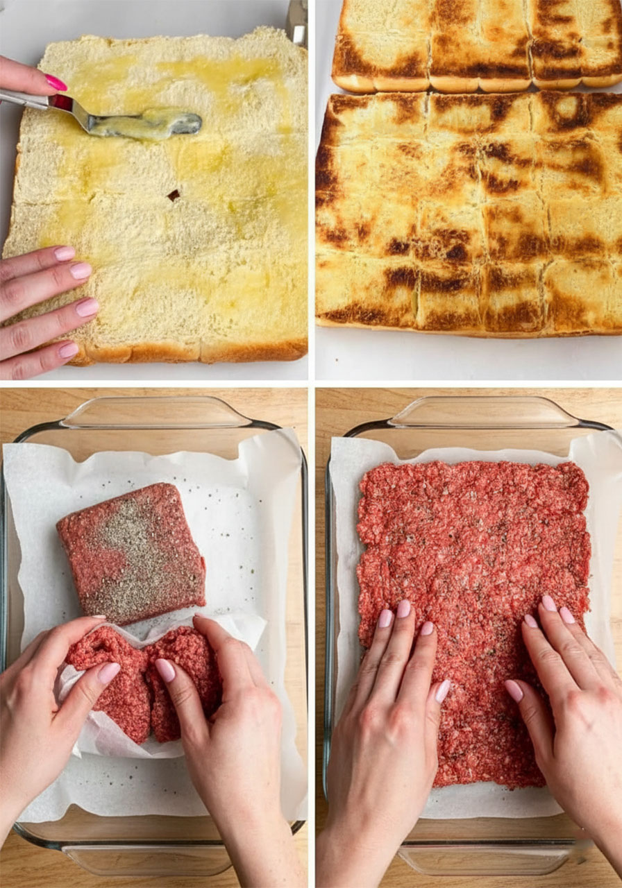 Toasting the Buns Step and Pressing Beef into Pan Step