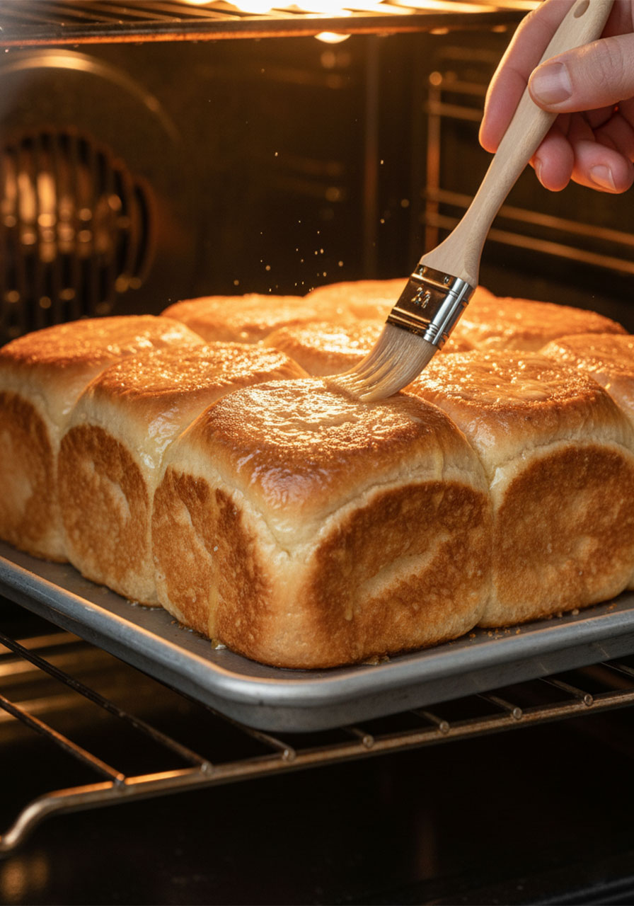 Brushing melted butter on the cut side of King's Hawaiian rolls before broiling for sheet pan burger sliders