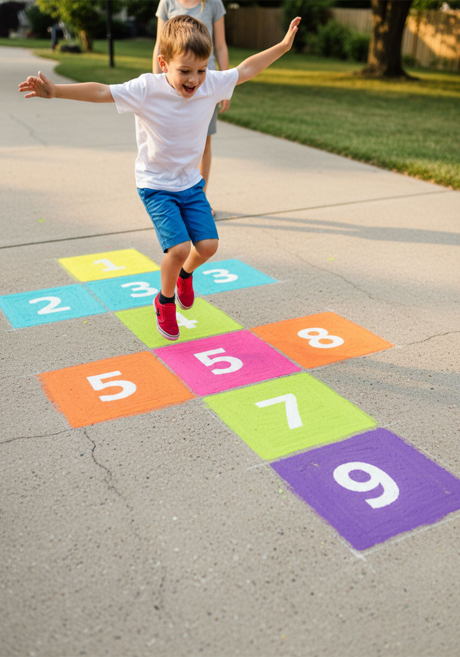 DIY chalk paint hopscotch game on driveway with colorful numbered squares for kids outdoor activity