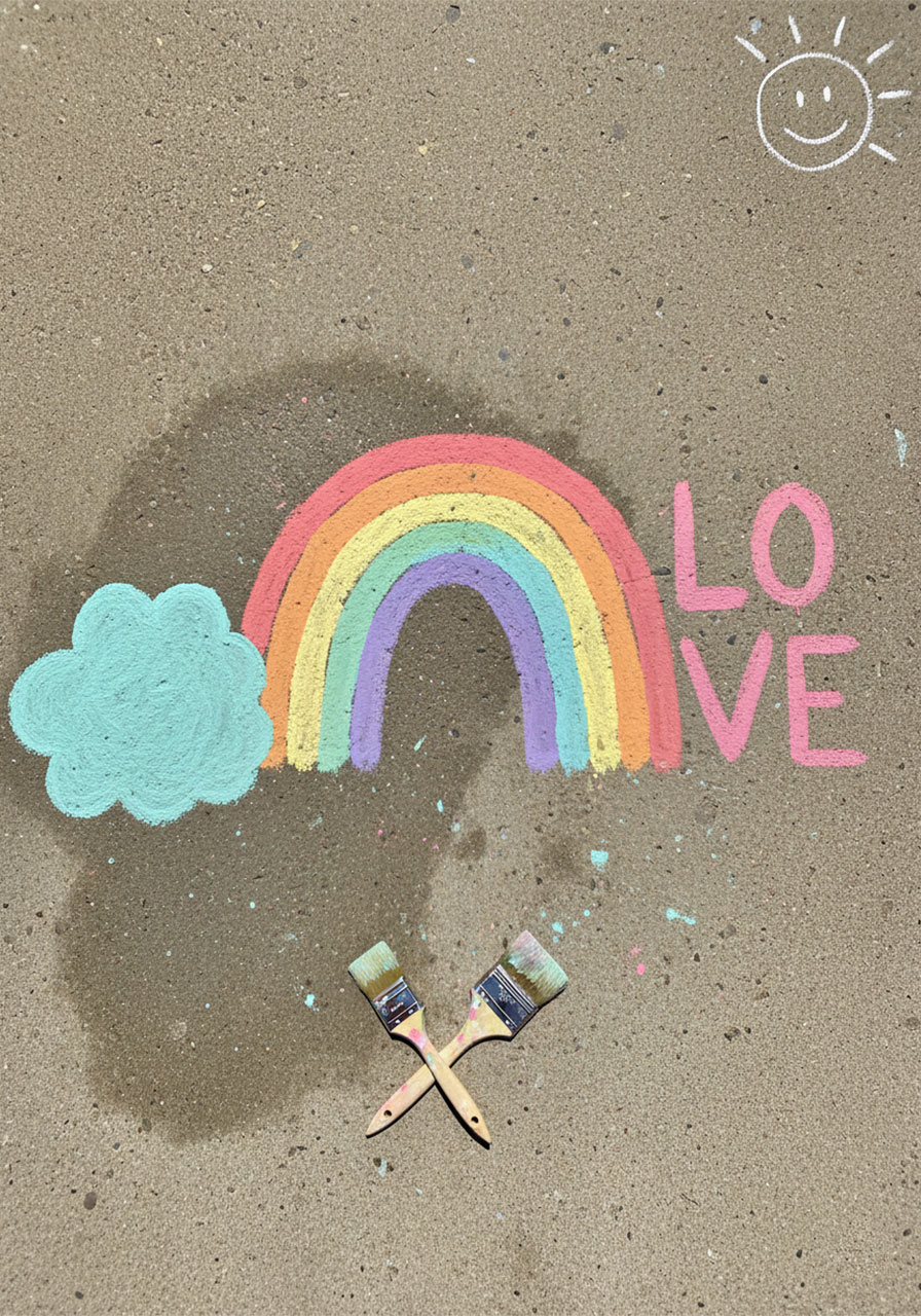 Finished DIY sidewalk chalk paint rainbow, cloud, and LOVE artwork on concrete driveway