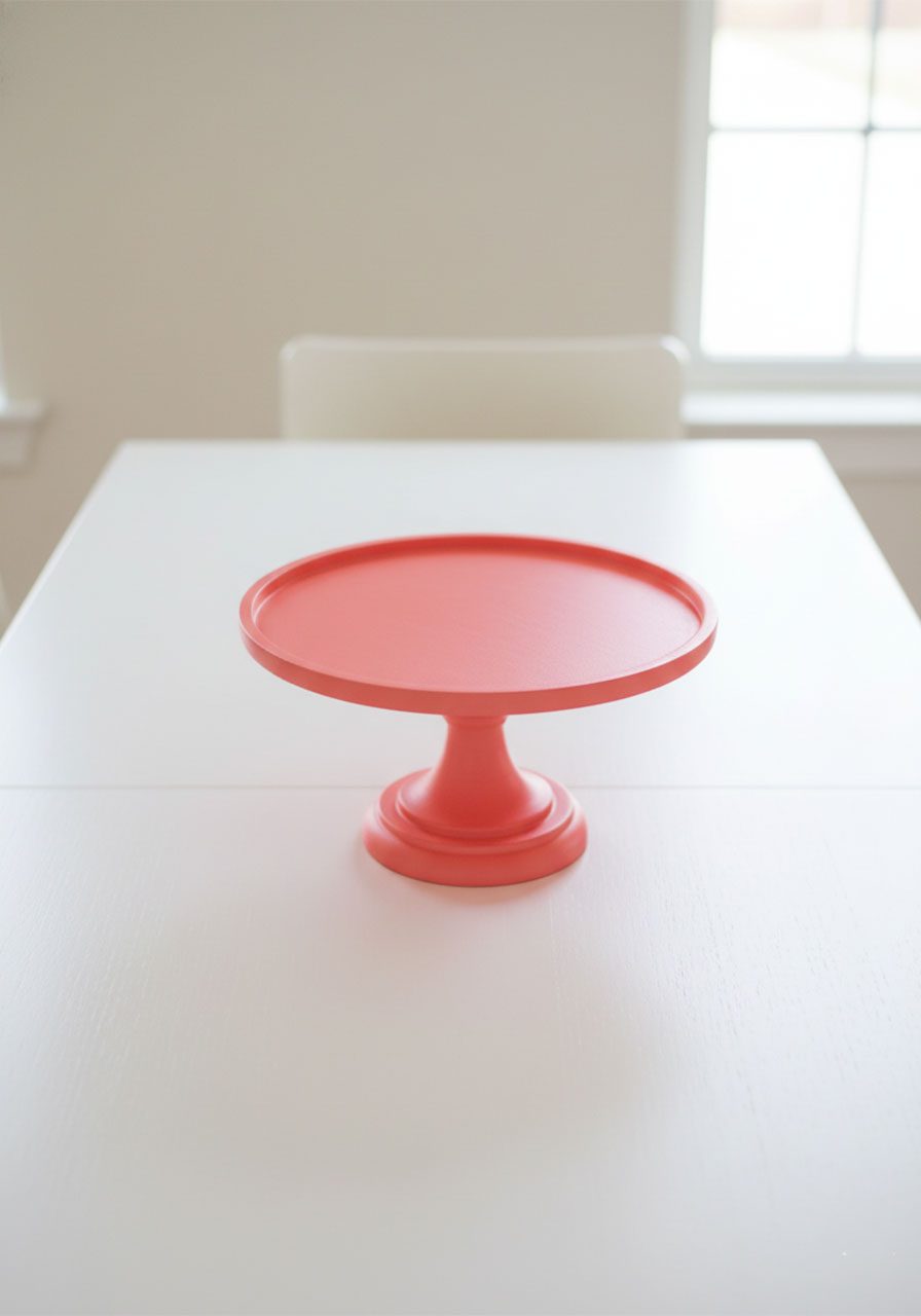 A minimalist solid coral-pink wooden cake stand for a modern tea party theme.