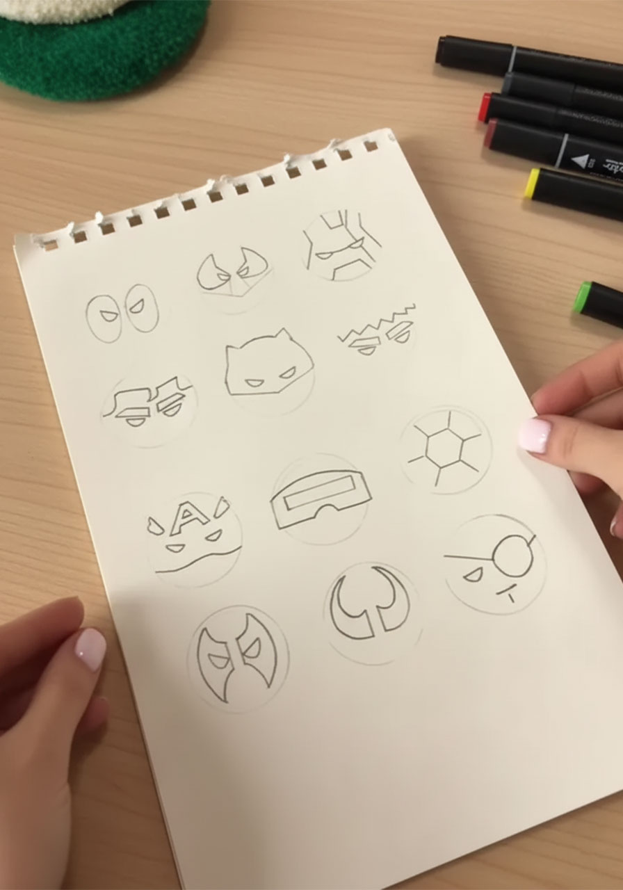 Drawing superhero face circles in pencil on sketchpad as the first step for a DIY pop-up Father's Day card