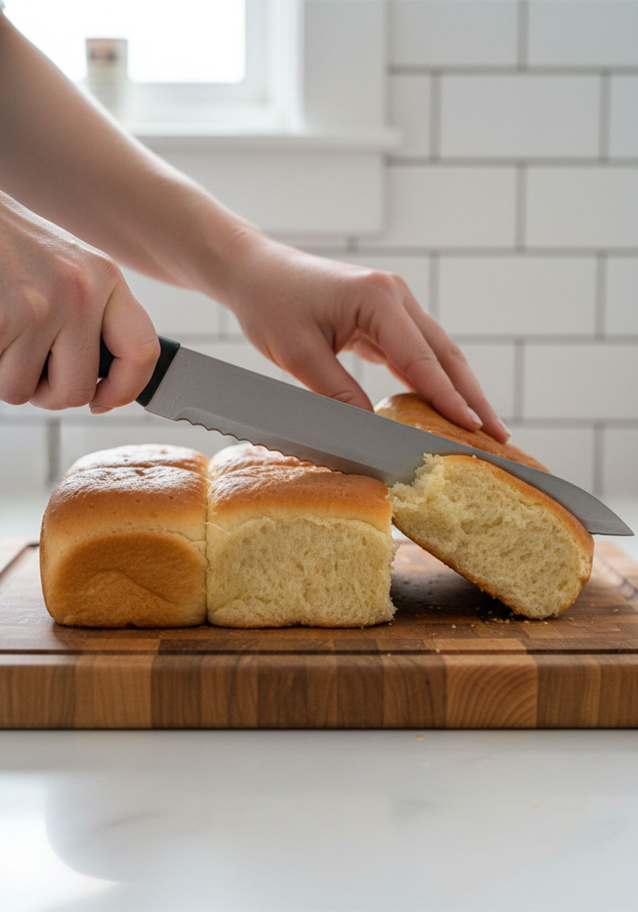 Slicing Hawaiian rolls horizontally with a serrated knife for mini grilled cheese sliders, keeping rolls connected as one sheet