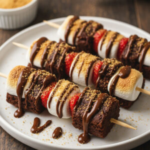 S'mores style strawberry brownie kabobs with toasted marshmallows and graham cracker crumbs on a rustic wooden board