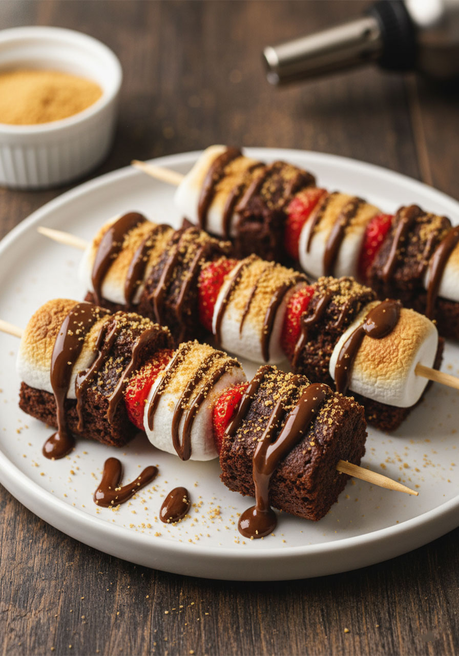 S'mores style strawberry brownie kabobs with toasted marshmallows and graham cracker crumbs on a rustic wooden board