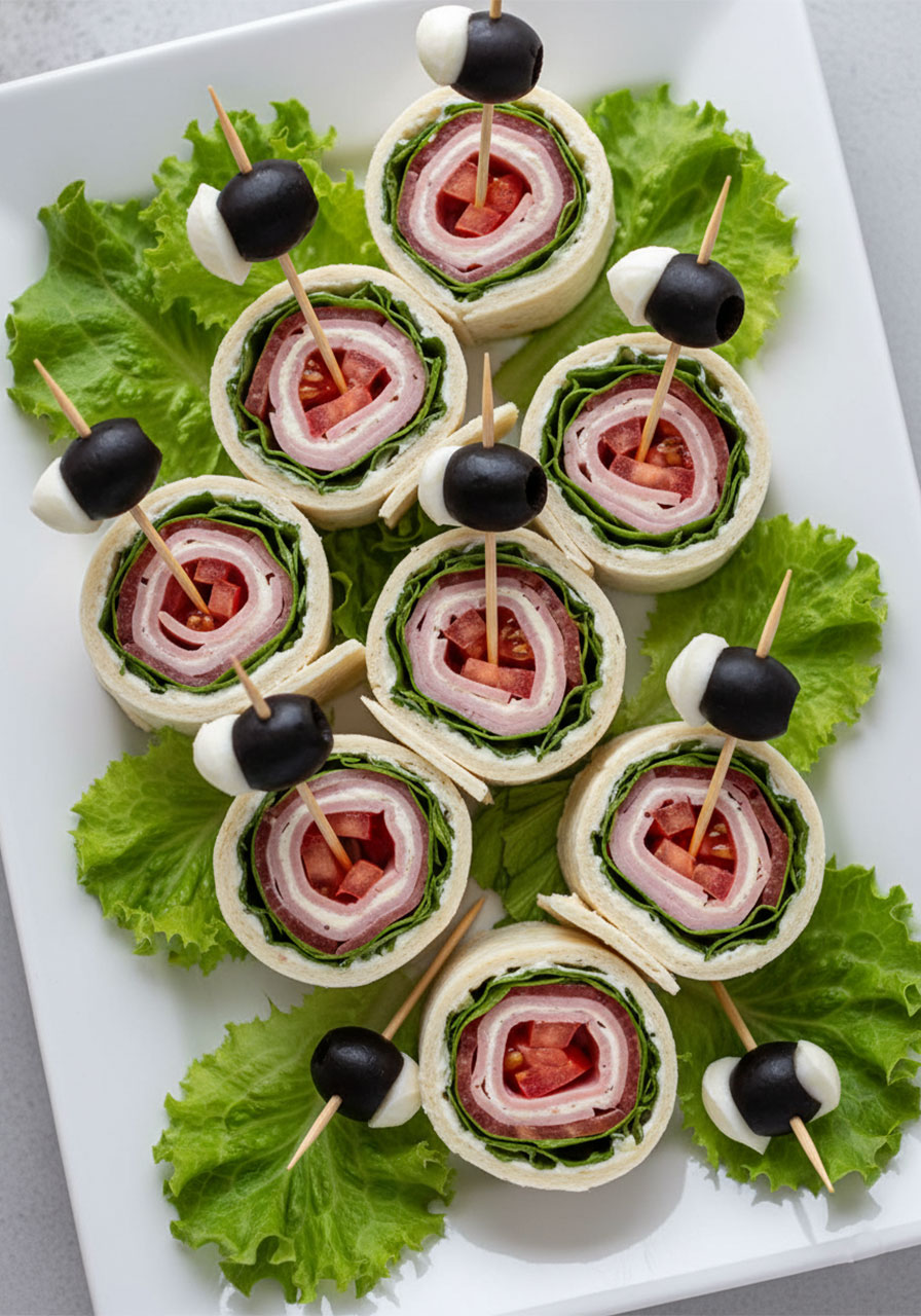 Tortilla pinwheel sandwich rolls with olive snail toppers on lettuce, creative animal themed party snacks for kids zoo birthday	