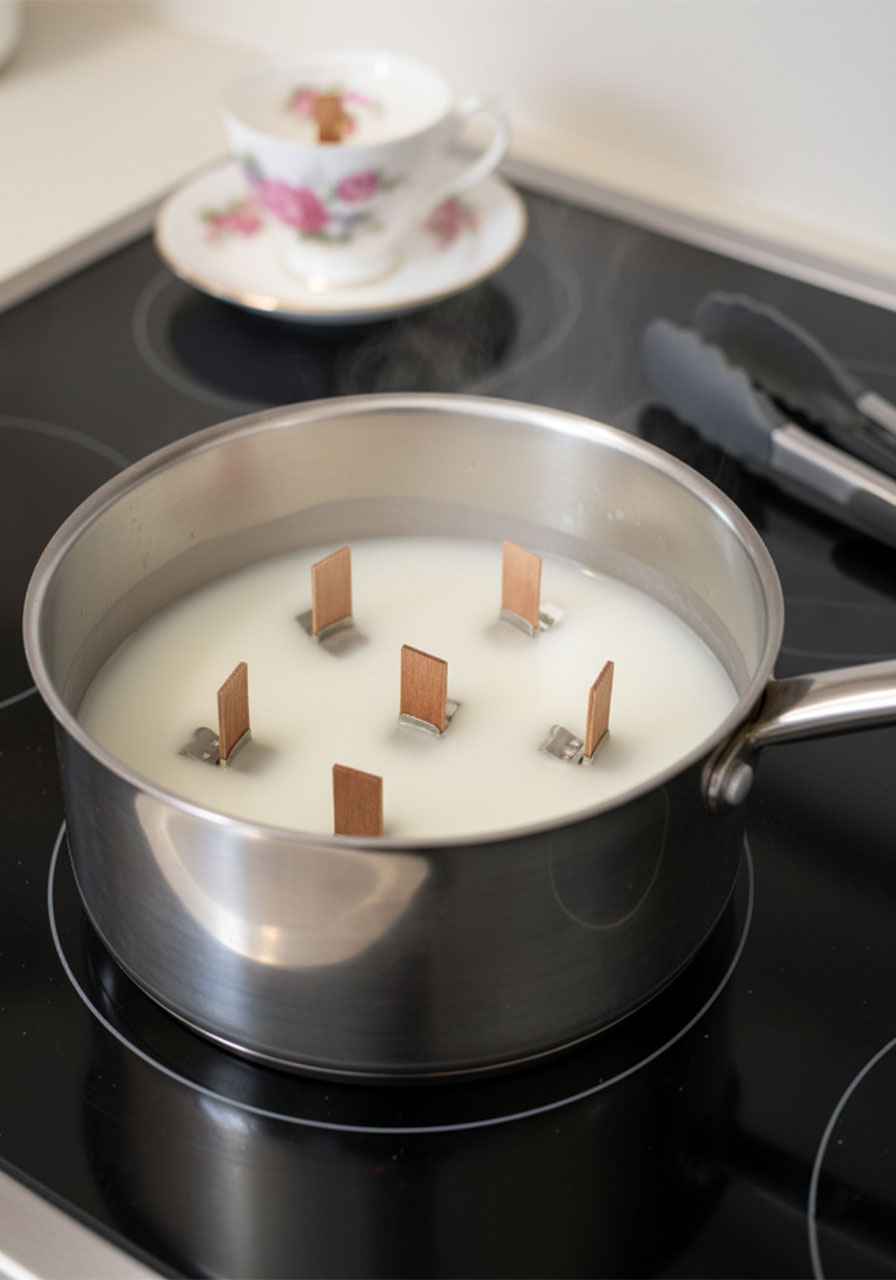 Wood candle wicks soaking in melted wax in a saucepan — essential step for DIY teacup candles with wood wicks