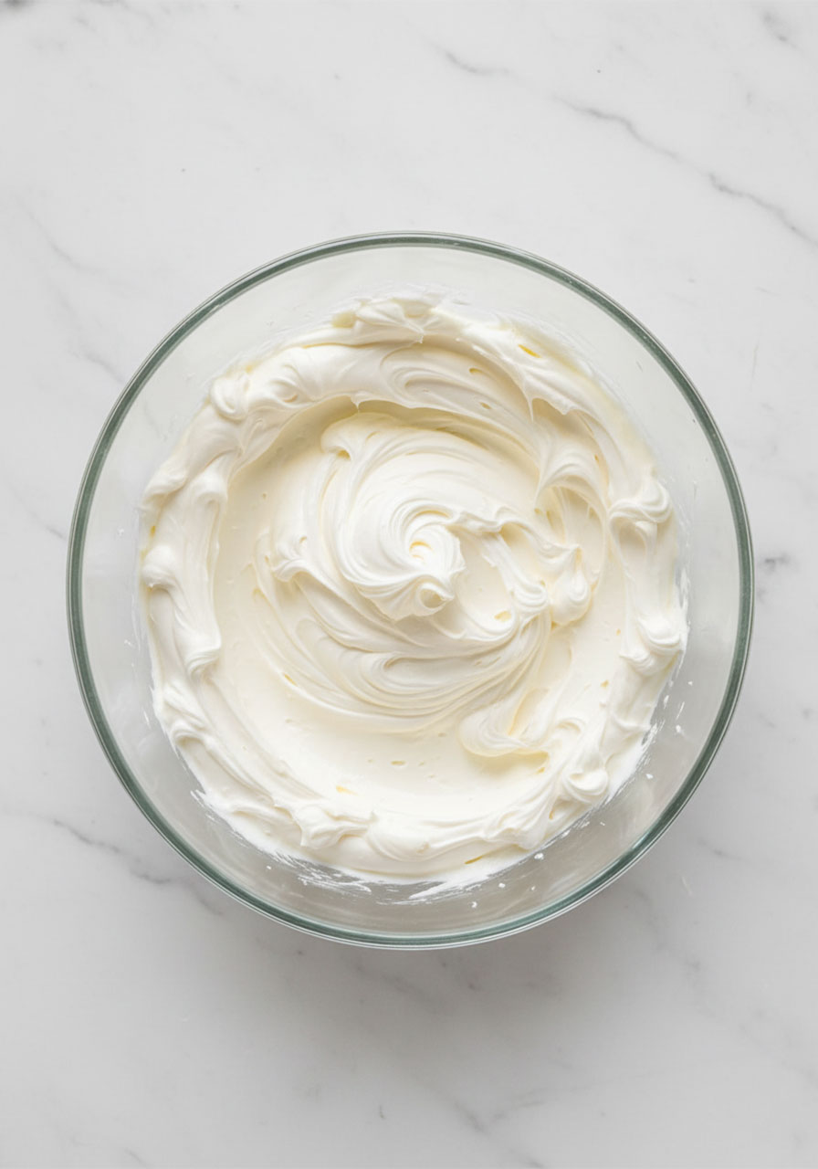 Softened cream cheese in a glass mixing bowl ready to mix — step 2 for cream cheese Oreo protein balls recipe