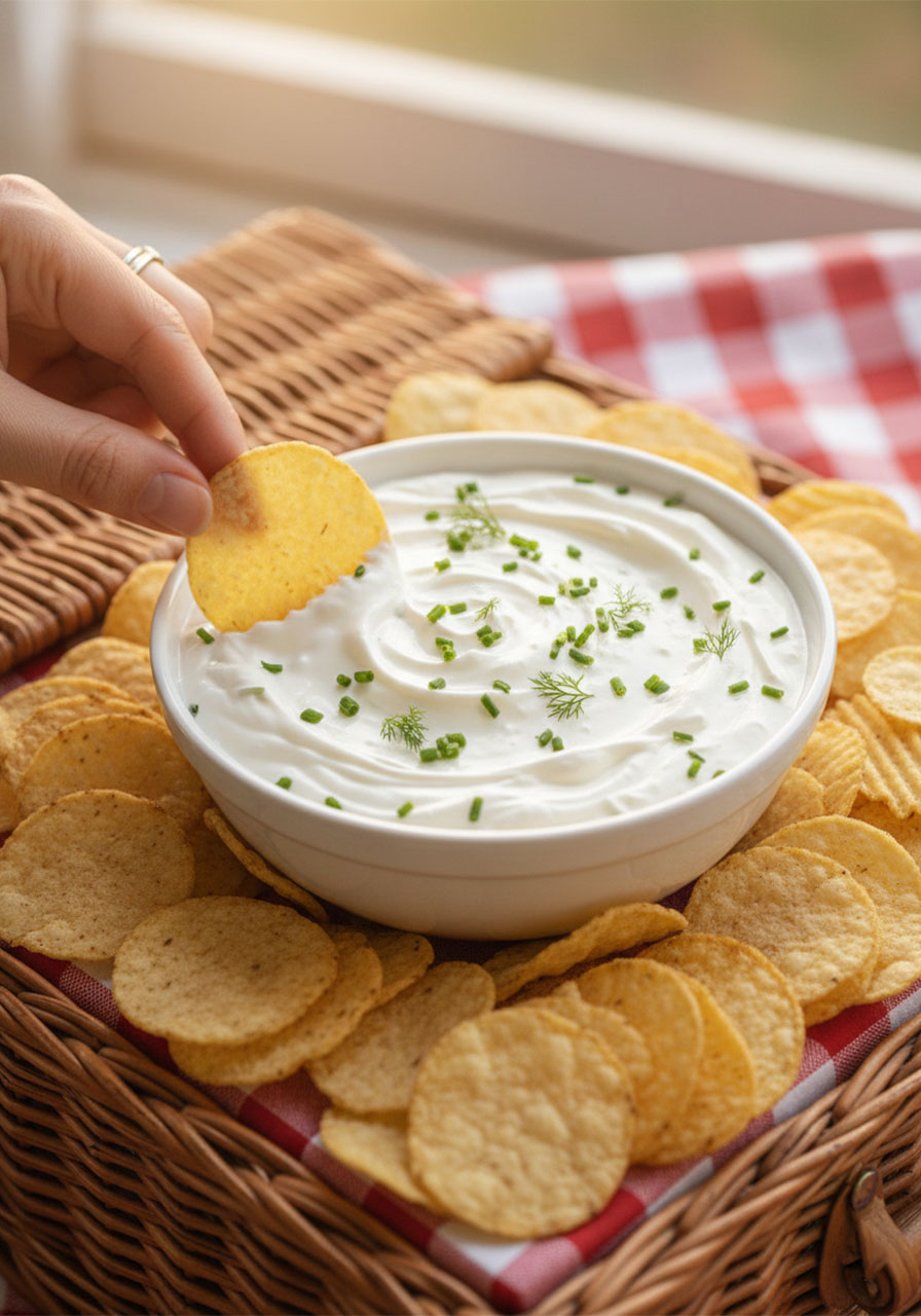 A bowl of homemade sour cream and chive dip surrounded by crinkle chips on a party snack platter