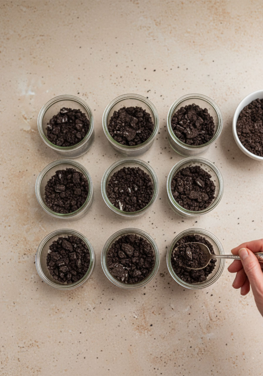 Spooning crushed Oreo cookie base into six clear glass jars to make individual no-bake cheesecake cups