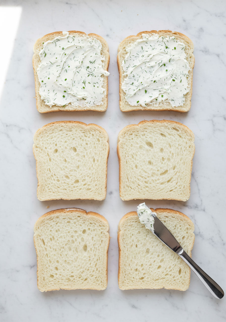 Six crustless white bread slices on a marble surface, three spread with herbed cream cheese with dill and chives, demonstrating how to make classic cucumber tea sandwiches