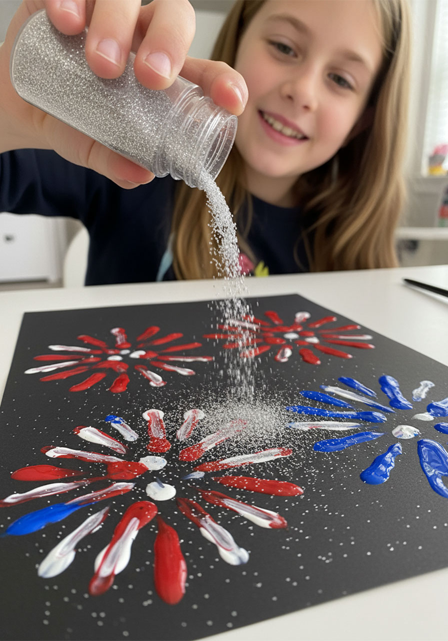Child sprinkling silver glitter onto wet fork painted fireworks on black cardstock for a sparkling 4th of July craft