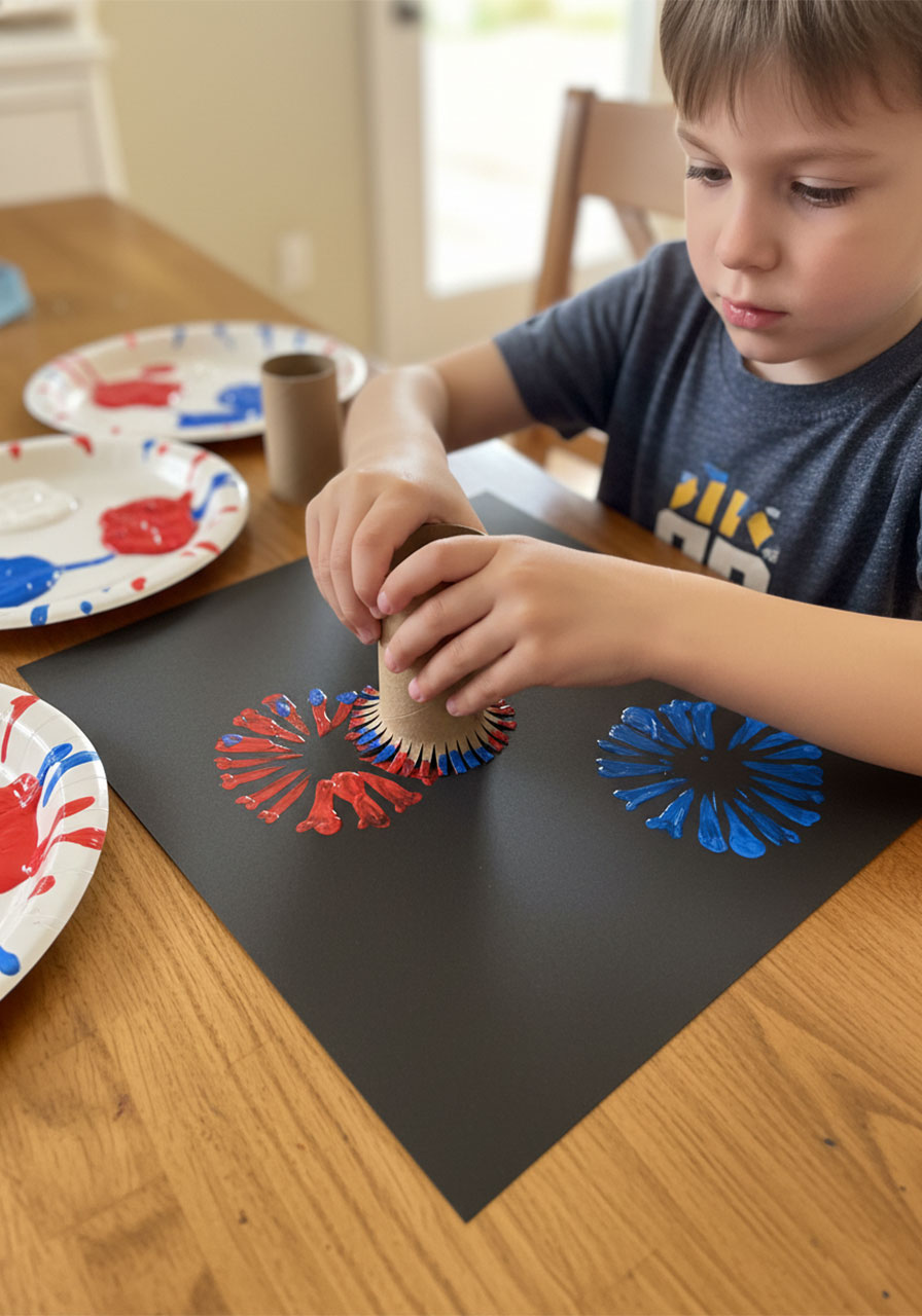 Young boy pressing toilet paper roll stamp onto black construction paper to make firework paint print for 4th of July craft