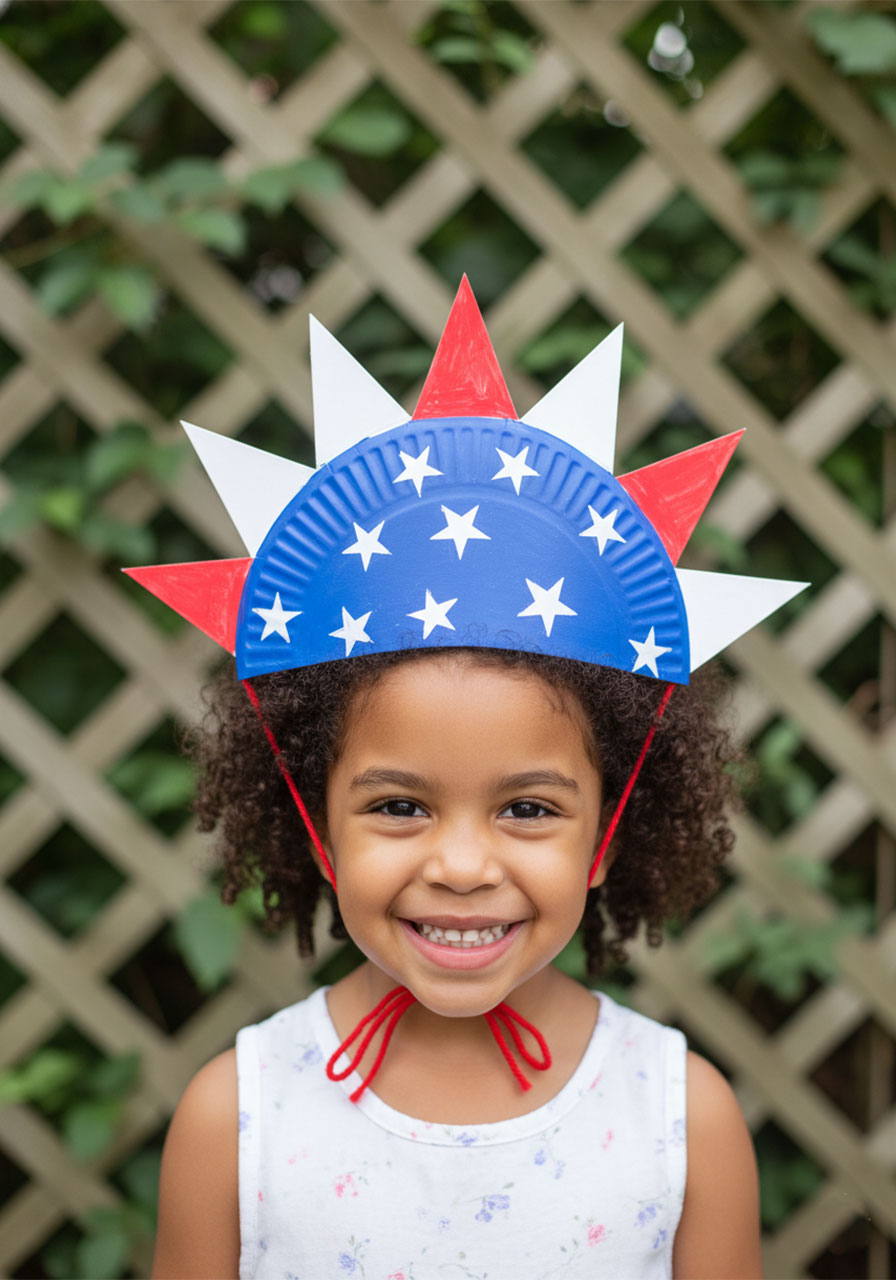 Paper plate cut into a crescent half-moon shape for step one of the patriotic paper plate hat craft with scissors beside it