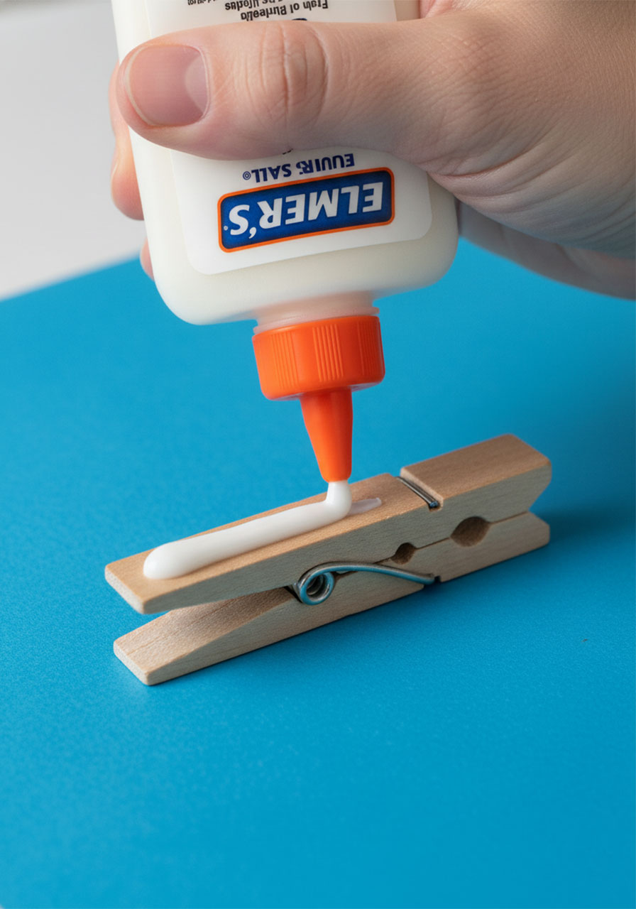 Squeezing white Elmer's glue along the top of a wooden clothespin on construction paper to prepare for glitter decoration as butterfly body
