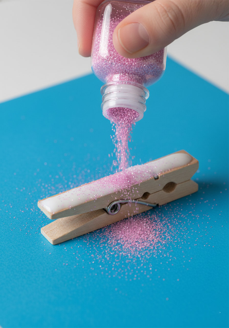 Sprinkling pink glitter from a bottle onto a glue-covered wooden clothespin lying on blue construction paper to create a sparkly butterfly body