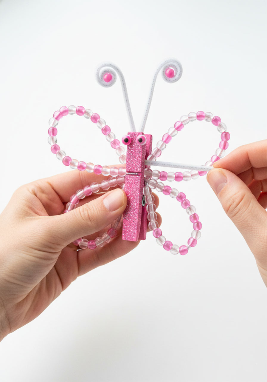 Hands sliding the folded antenna pipe cleaner with spiral bead tips into the back end of a glitter clothespin to complete a beaded pipe cleaner butterfly