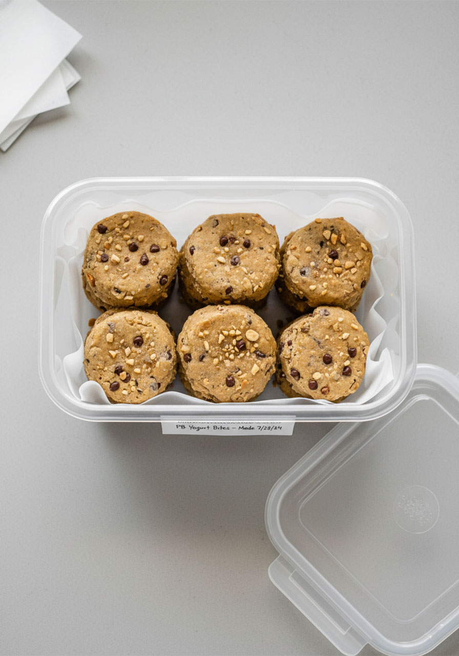 Frozen Greek yogurt peanut butter bites stored in labeled airtight container with parchment paper layers for freezer storage