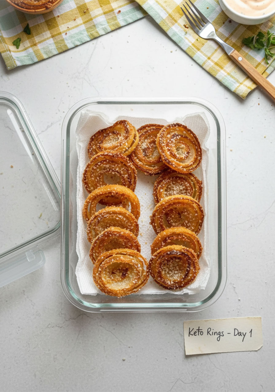 Crispy keto parmesan onion rings stored in an airtight glass container lined with paper towels for fridge storage