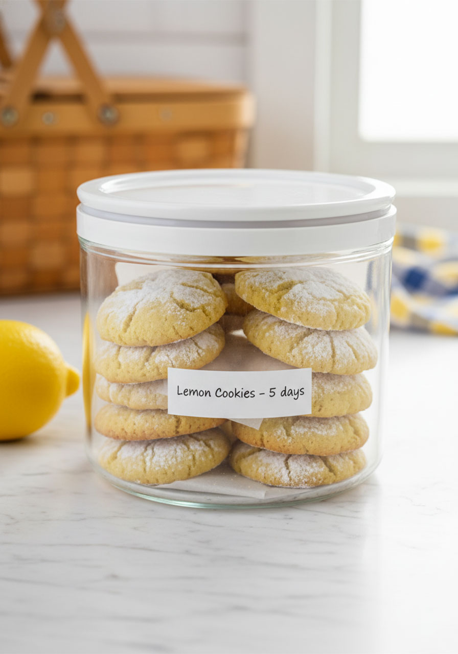 Sugar free low carb lemon cookies stored in a clear glass airtight container with parchment paper separator for up to 5 days freshness
