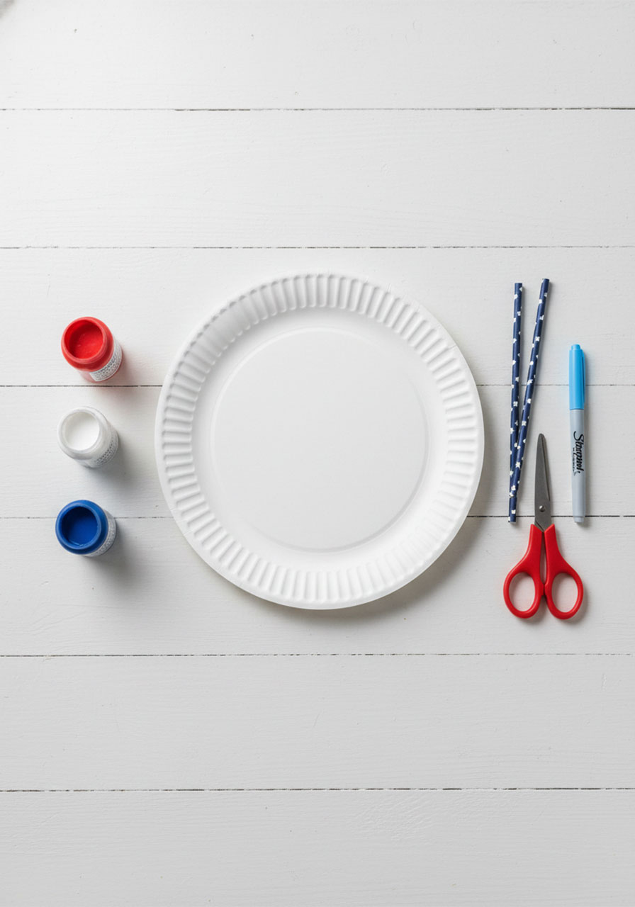 Craft supplies for straw stamped 4th of July paper plate craft including paper plate acrylic paint in red white blue scissors marker and paper straws