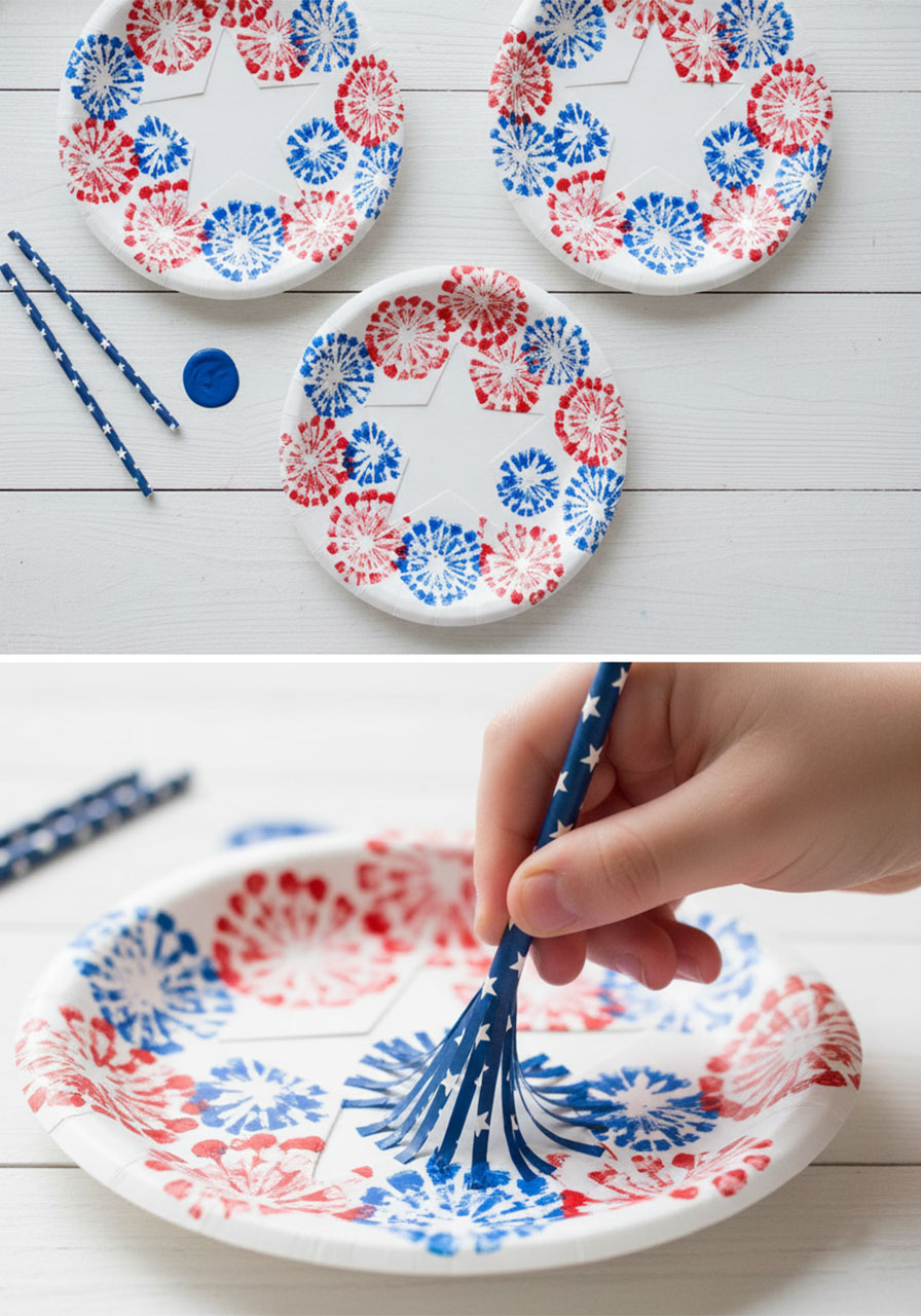 Straw stamped paper plate 4th of July craft tutorial showing finished plates and stamping step perfect for patriotic kids craft