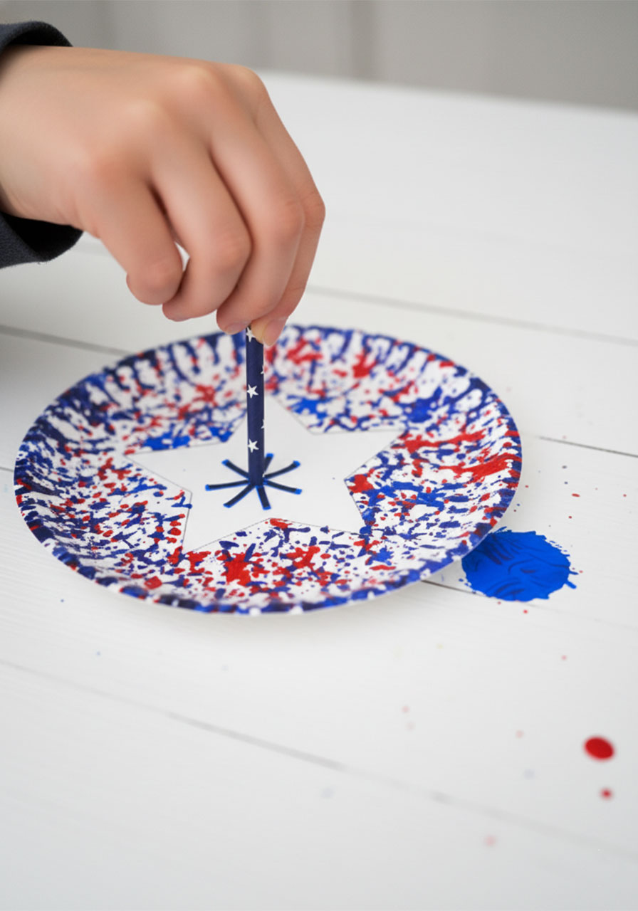 Child's hand pressing fringe-cut paper straw stamp onto paper plate surrounded by red and blue burst paint marks during 4th of July paper plate craft