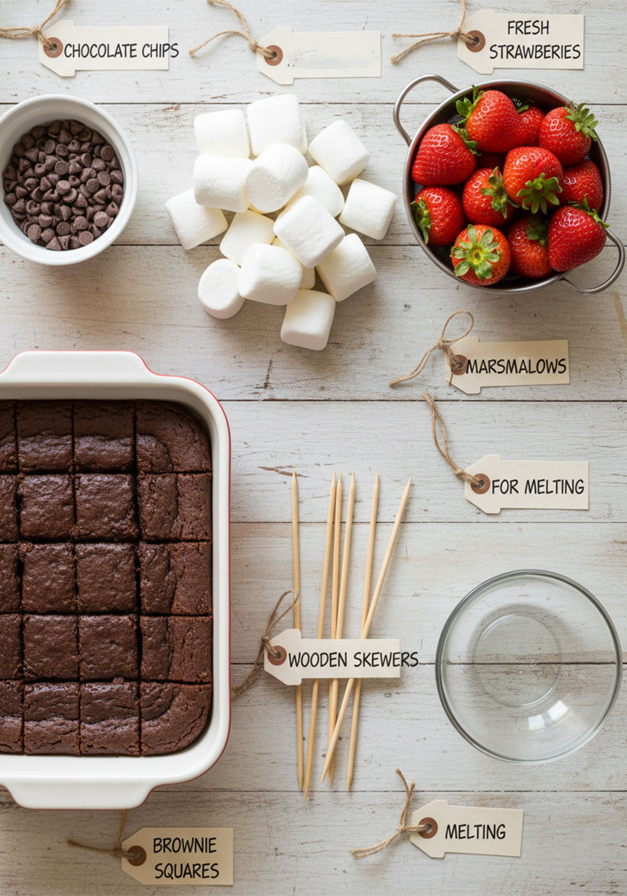 All ingredients for strawberry brownie kabobs laid out flat including brownies, strawberries, marshmallows, chocolate chips, and wooden skewers