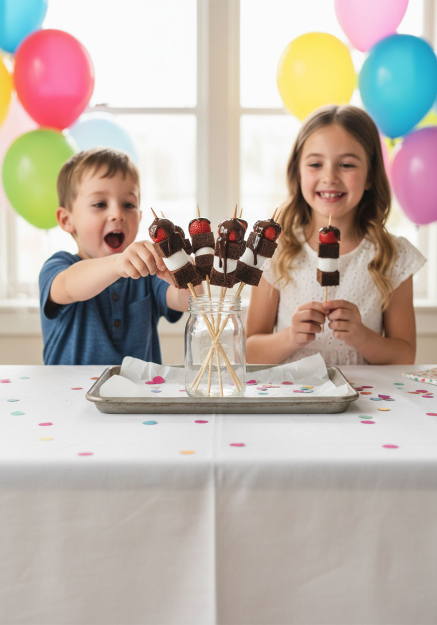 Two excited kids reaching for strawberry brownie kabobs at a colorful birthday party dessert table