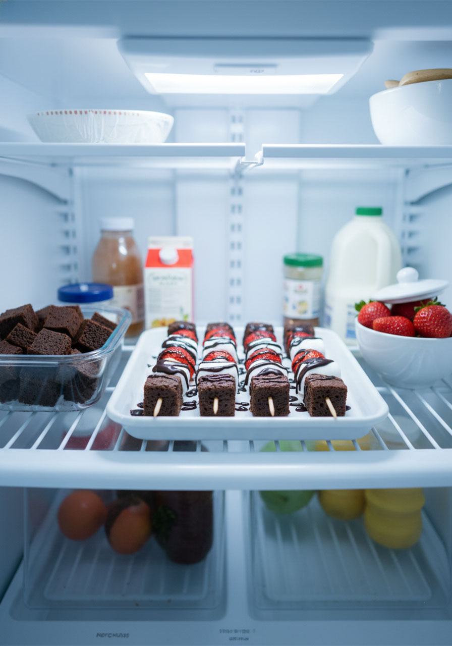 Strawberry brownie kabobs stored on a tray in the refrigerator with set chocolate drizzle ready to serve