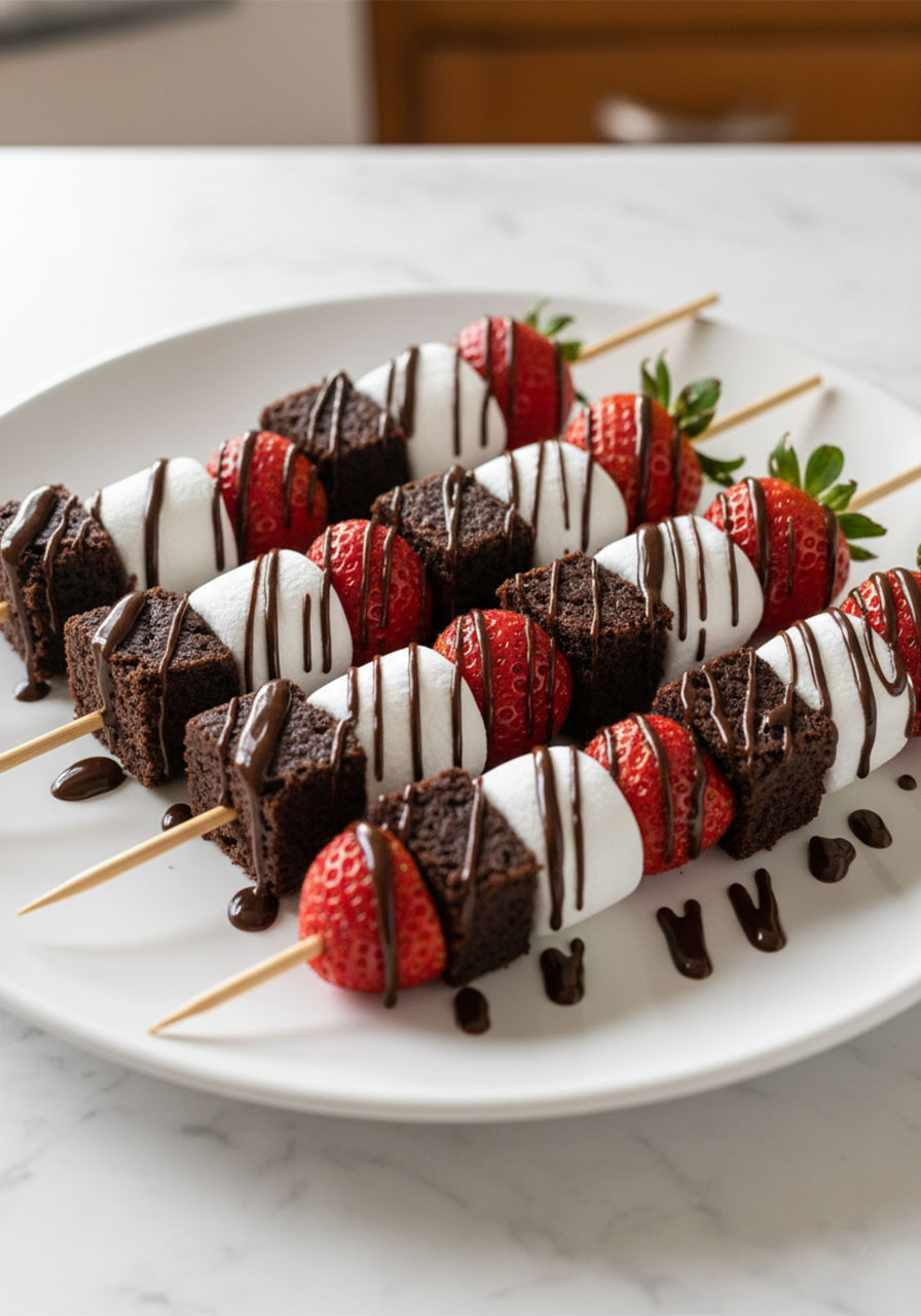 Finished strawberry brownie kabobs with chocolate drizzle arranged on a white serving platter