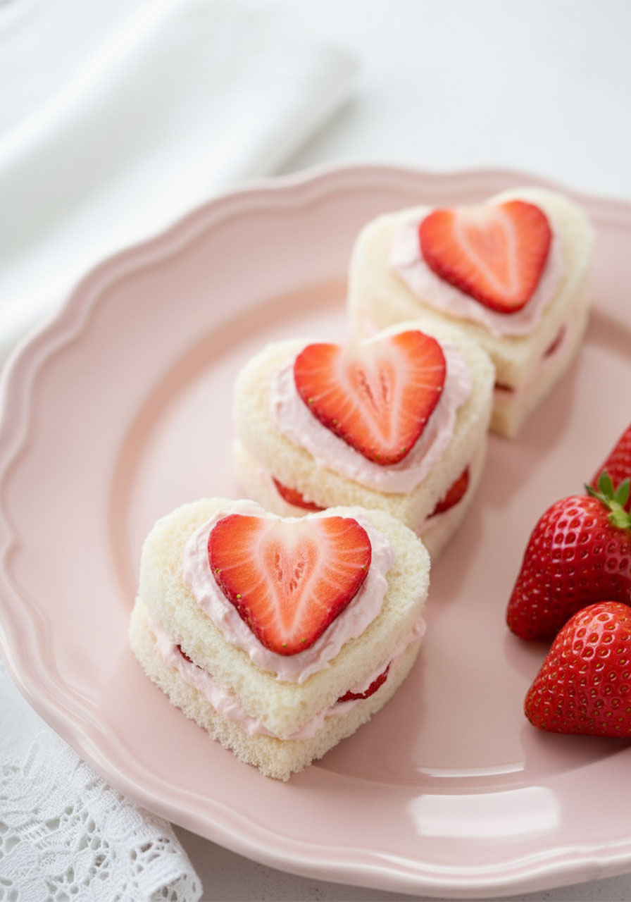 Heart-shaped strawberry cream cheese tea sandwiches on pink plate with fresh strawberry slices on top, perfect for a tea party or baby shower