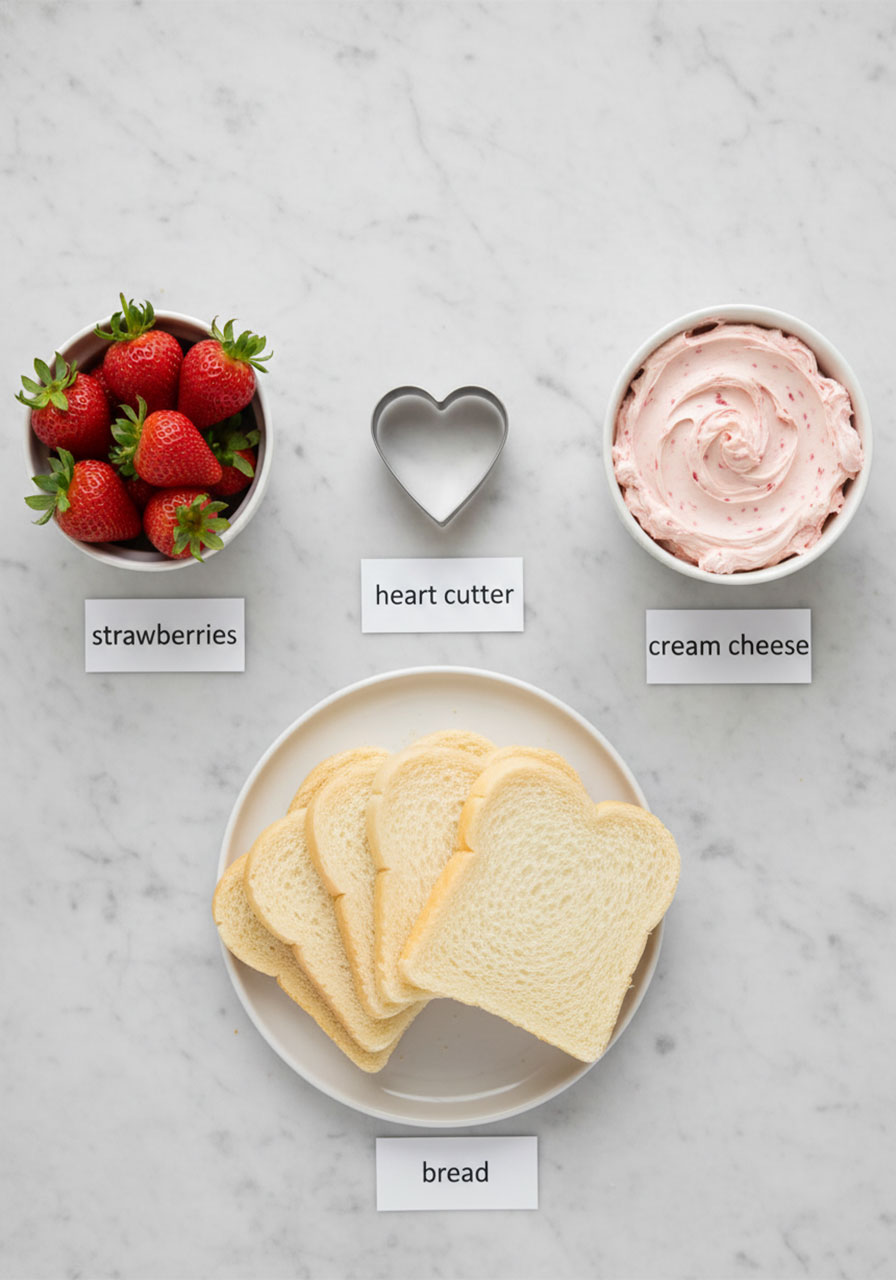 Three ingredients for easy strawberry tea sandwiches: fresh strawberries, strawberry cream cheese, and white bread on a marble surface