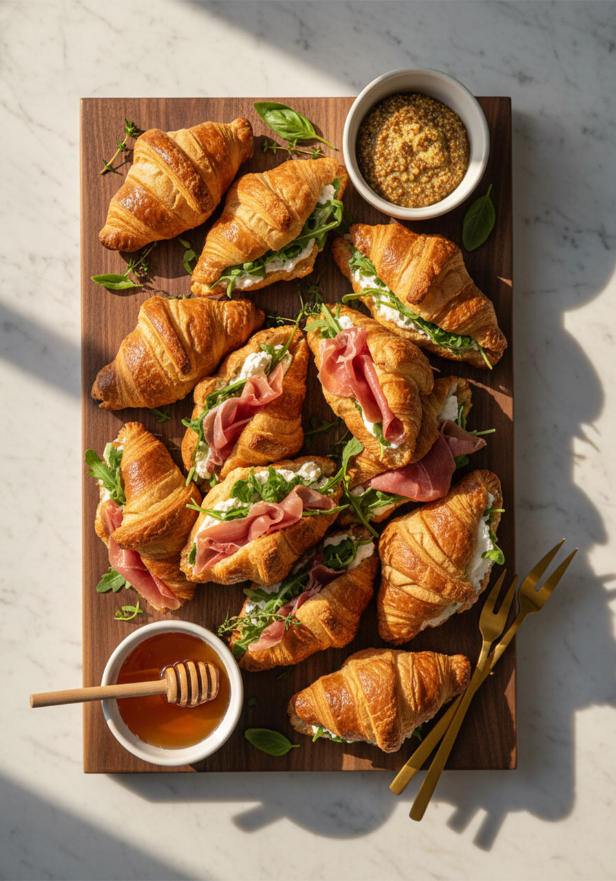Styled mini croissant party snack tray with honey mustard dipping sauces fresh herbs and gold cocktail forks on dark wood board