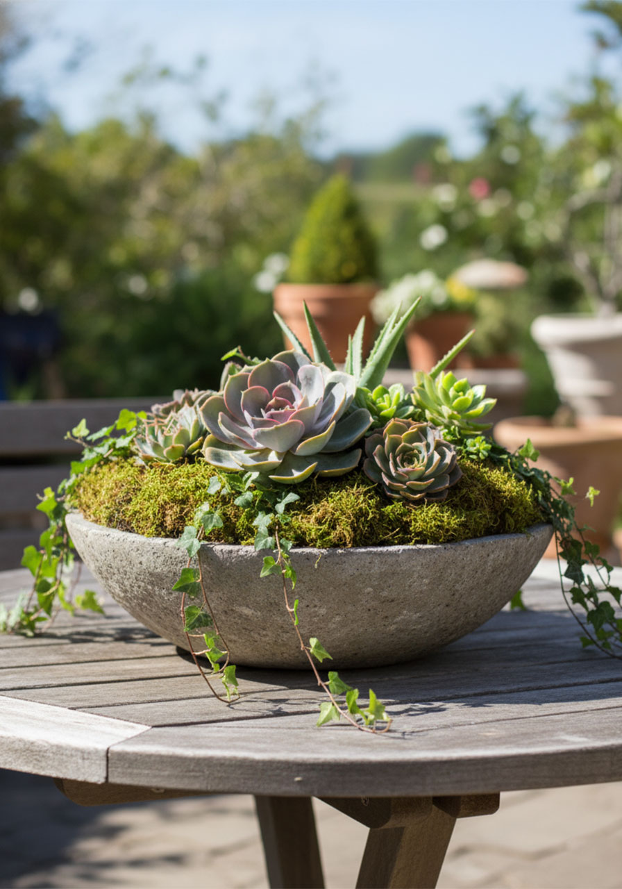 Lush greenery and succulent layered centerpiece for an Alice in Wonderland tea party.